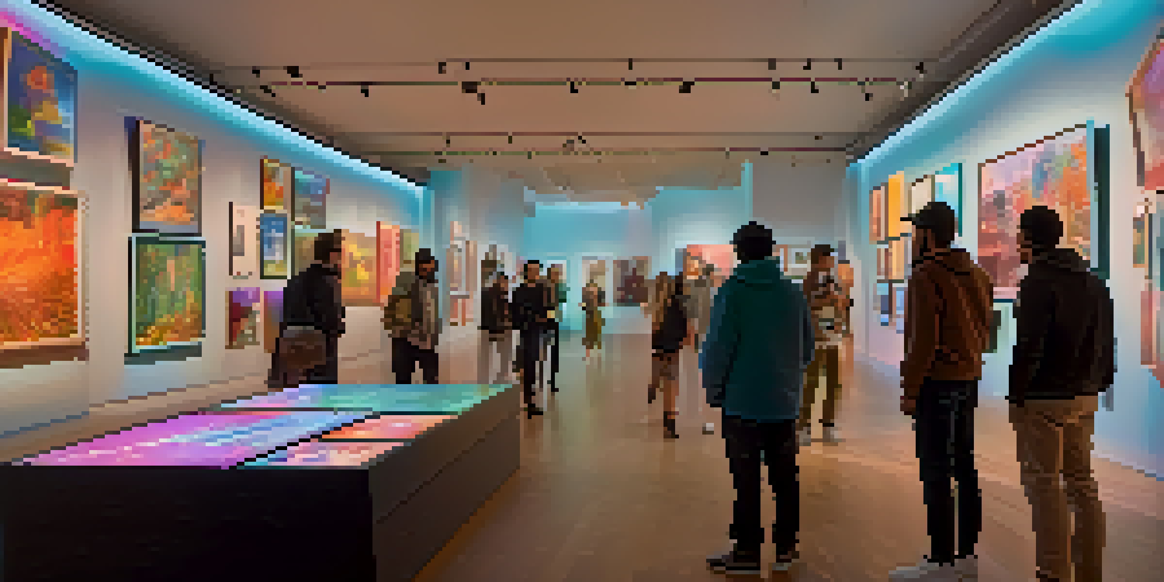 A digital art gallery filled with colorful NFT artworks, with people engaging and discussing the pieces in a warmly lit environment.