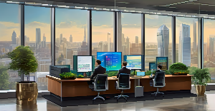 A modern banking office with glass windows, digital cryptocurrency displays, and a city view, featuring sleek furniture and greenery.
