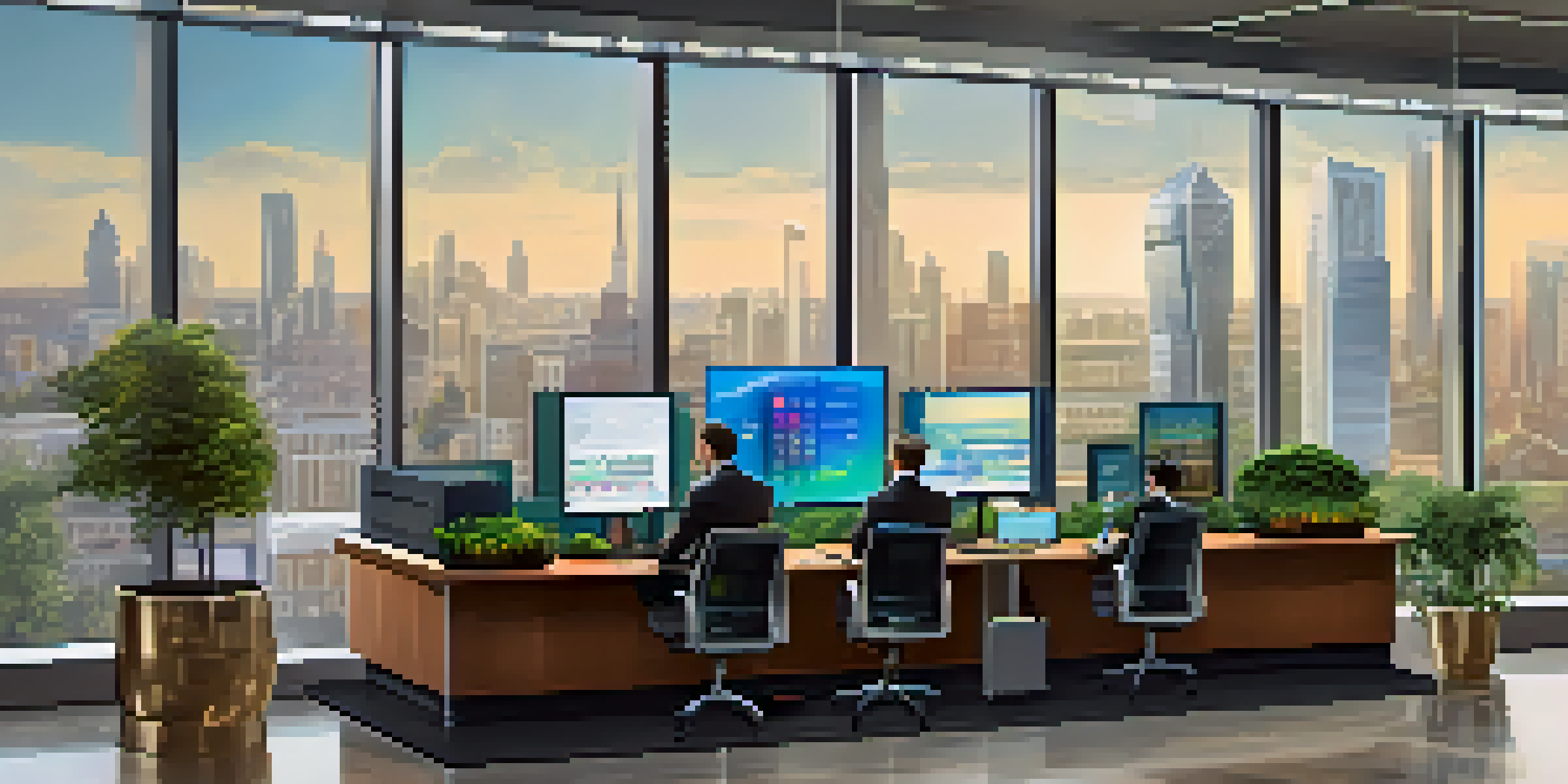 A modern banking office with glass windows, digital cryptocurrency displays, and a city view, featuring sleek furniture and greenery.