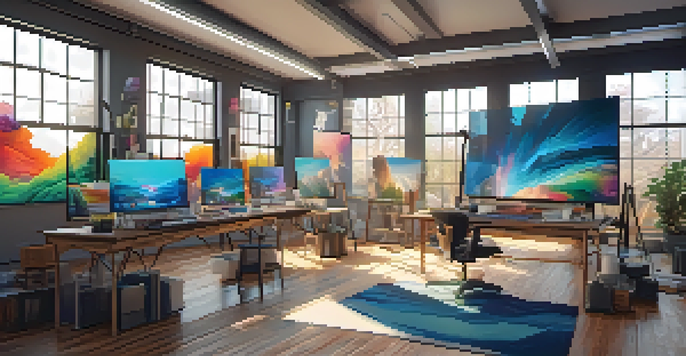 A digital art studio with colorful abstract artwork, art supplies, and a computer showing a blockchain interface, illuminated by natural light.