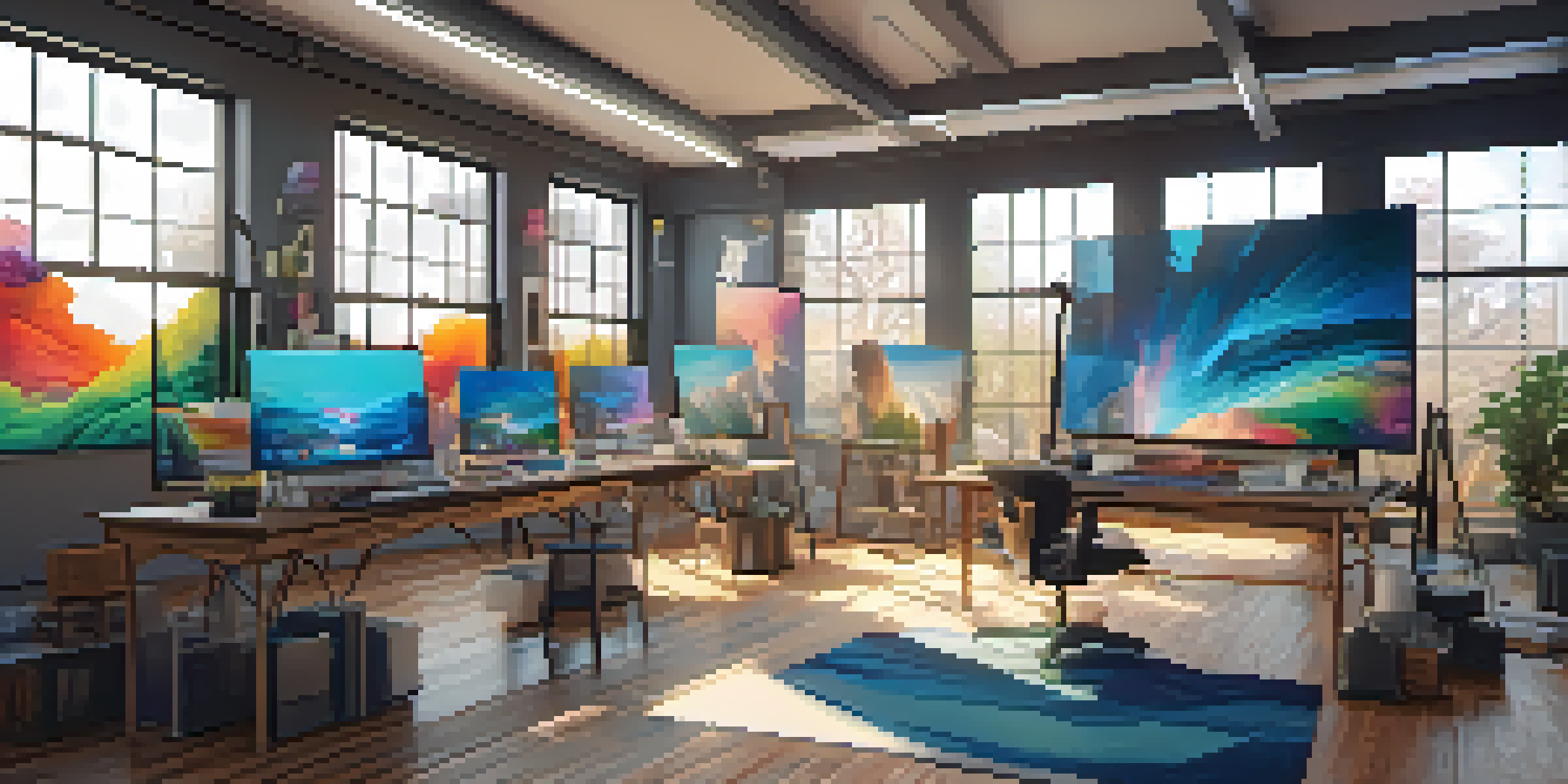 A digital art studio with colorful abstract artwork, art supplies, and a computer showing a blockchain interface, illuminated by natural light.