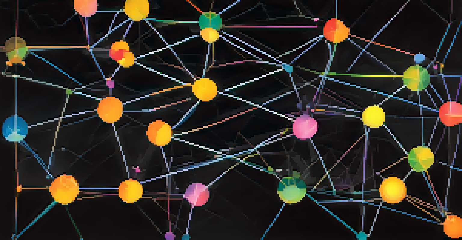 An abstract depiction of a glowing blockchain network with interconnected colorful geometric nodes on a dark background, representing transparency and security.