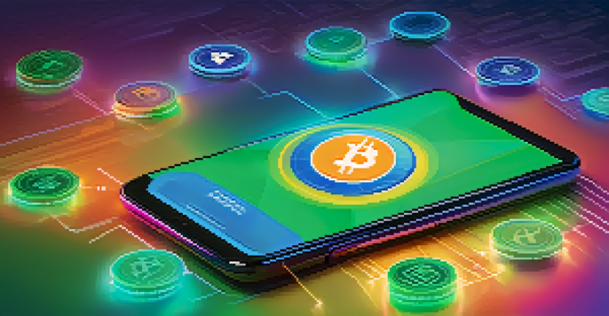 A digital wallet interface showcasing different cryptocurrencies with a blue and green gradient background.