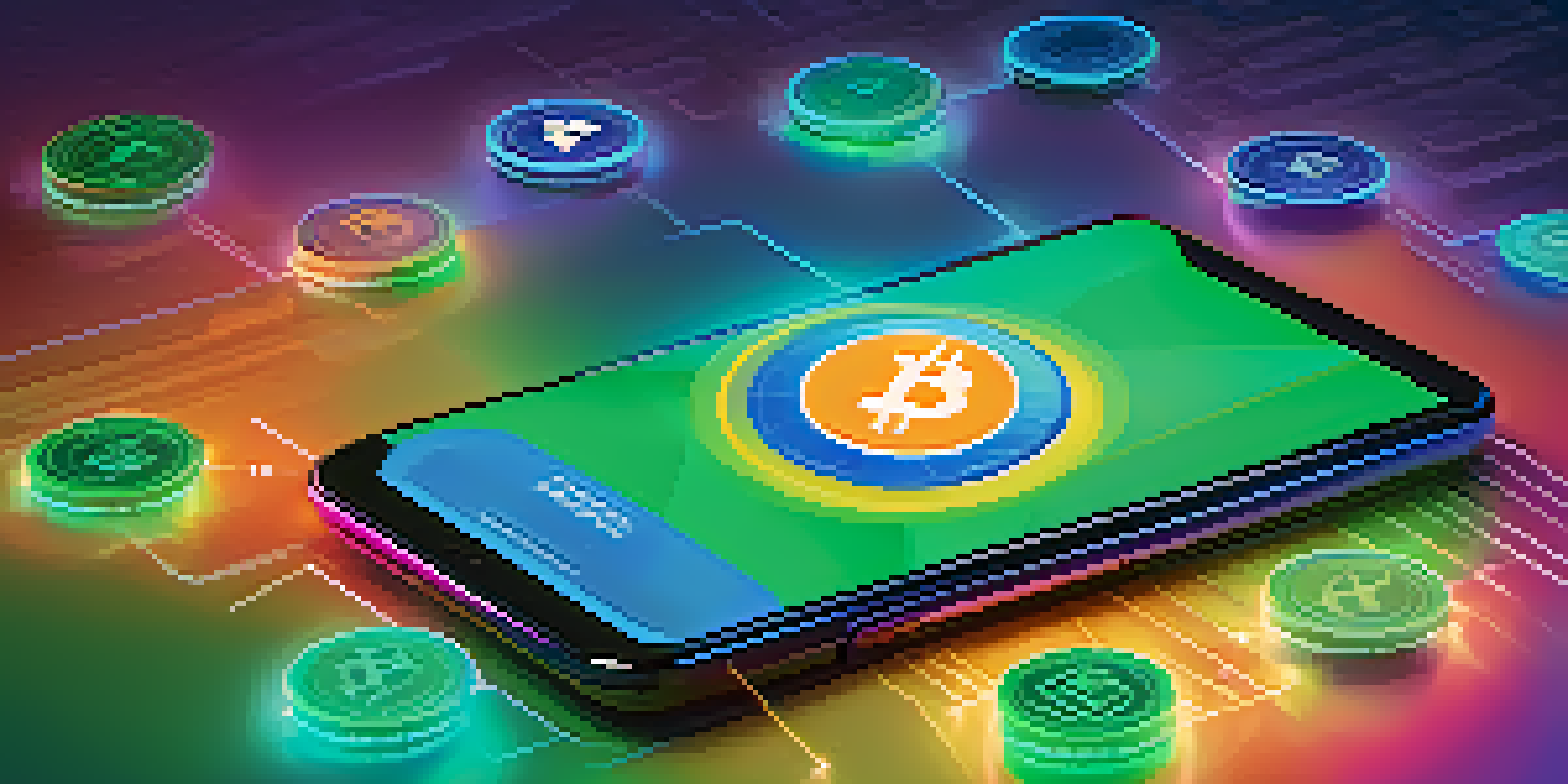 A digital wallet interface showcasing different cryptocurrencies with a blue and green gradient background.