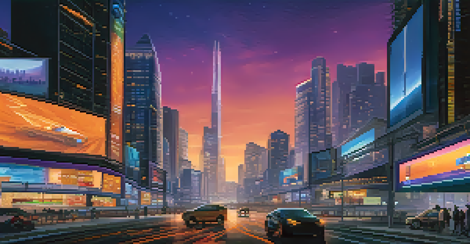 A futuristic city skyline at dusk with digital cryptocurrency advertisements on billboards.
