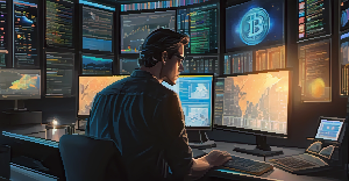 A trader focused on cryptocurrency charts at a computer desk, illuminated by the glow of multiple screens.