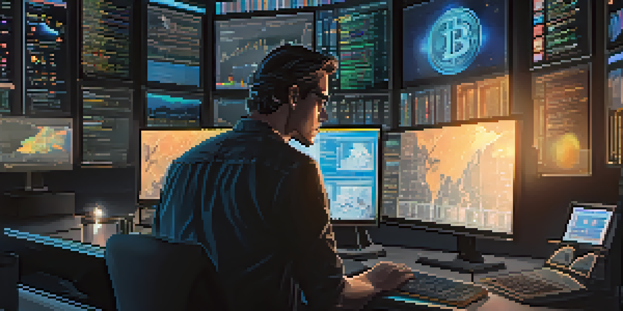 A trader focused on cryptocurrency charts at a computer desk, illuminated by the glow of multiple screens.