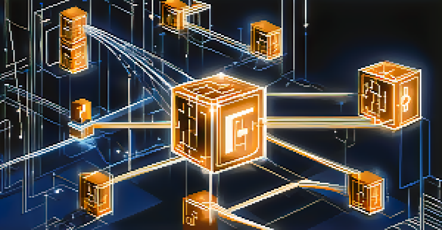 Interconnected blocks representing blockchain technology in a dark blue space with glowing lines.