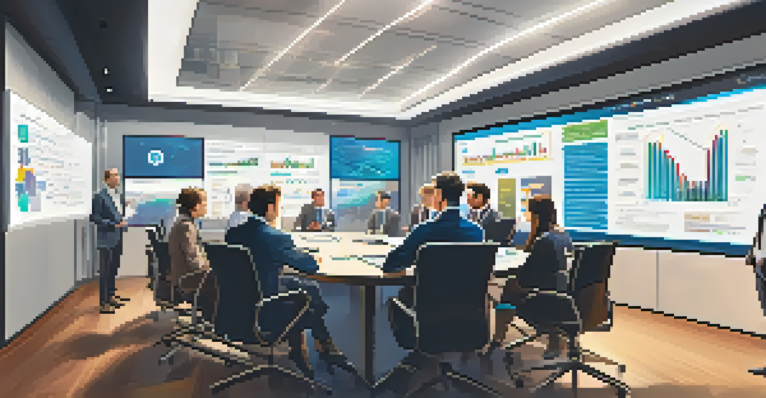 Policymakers and tech innovators discussing cryptocurrency regulations around a conference table, with charts displayed on screens in a modern, well-lit room.