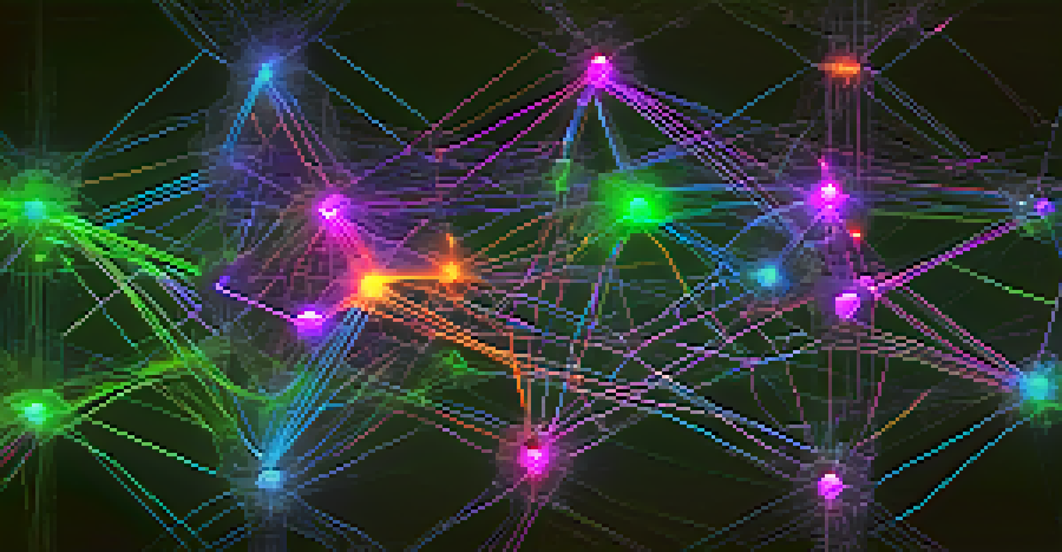 A visual representation of a blockchain network with interconnected nodes and colorful pathways, illustrating the complexity and connectivity of consensus mechanisms.