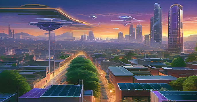 A futuristic city skyline at dusk with modern buildings, greenery, and flying drones in a colorful sky.