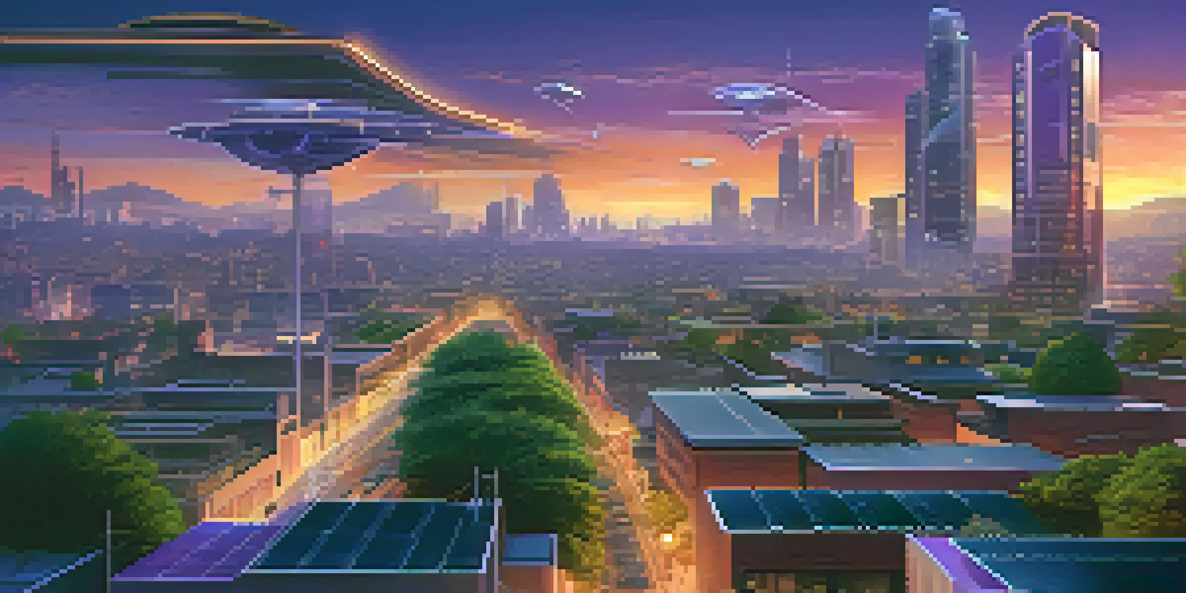 A futuristic city skyline at dusk with modern buildings, greenery, and flying drones in a colorful sky.