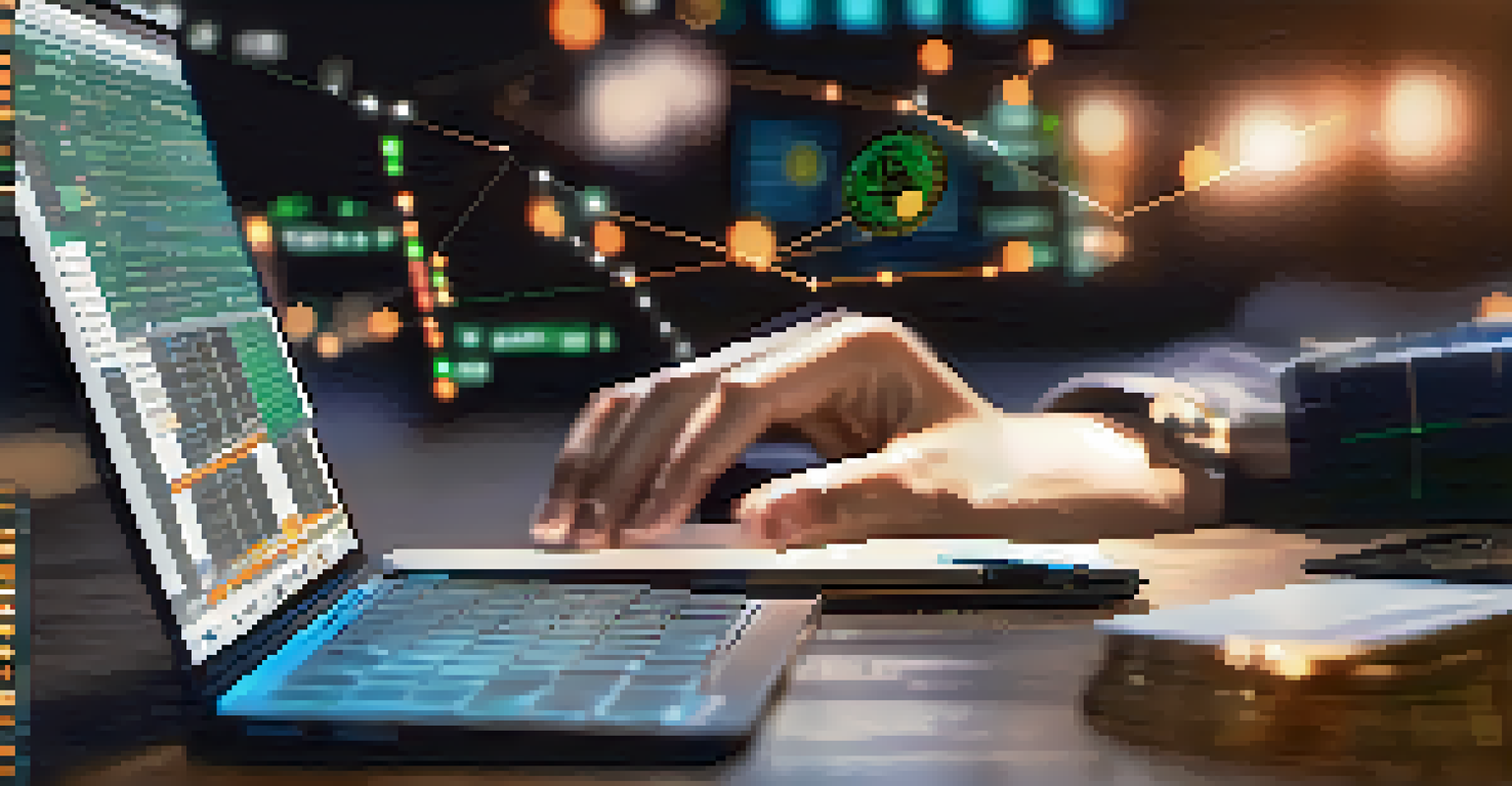 Close-up of hands typing on a laptop showing a cryptocurrency trading platform, with a notebook and pen on the desk.