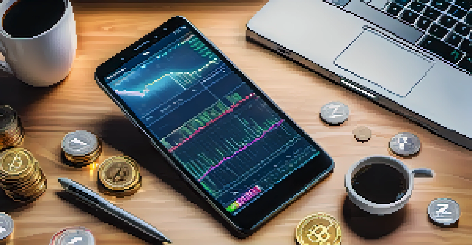 A hand holding a smartphone with cryptocurrency charts, surrounded by physical coins and a modern workspace.