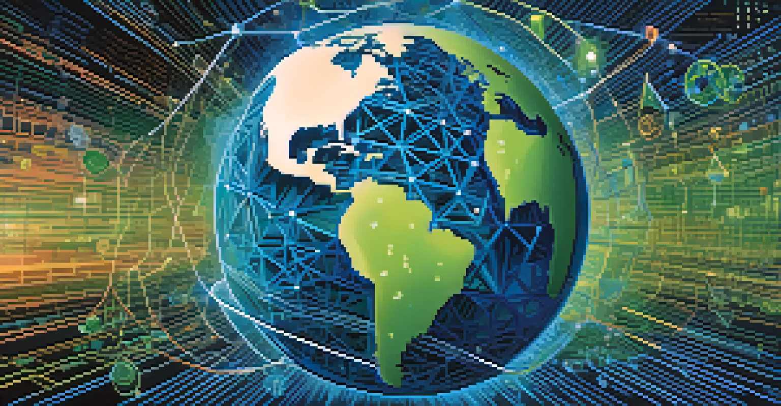 An abstract digital globe with interconnected lines and cryptocurrency symbols, representing global economic growth in finance and technology.