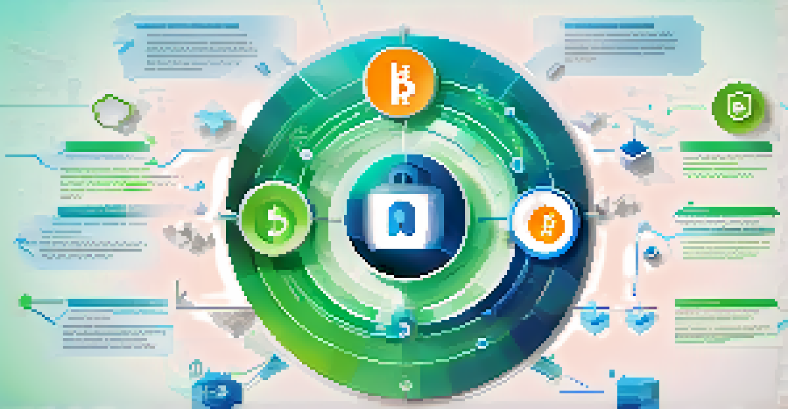 An infographic illustrating blockchain technology benefits in marketing, with icons for transparency and security on a gradient background.