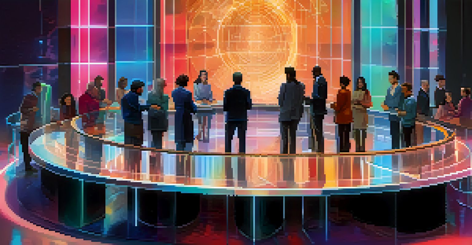 A diverse group of people gathered around a digital table discussing blockchain governance, with holographic displays in a warm color palette.