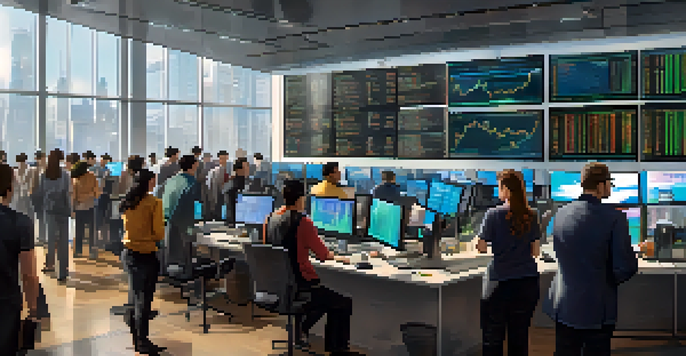 A diverse group of traders on a cryptocurrency trading floor, with screens showing charts and graphs.