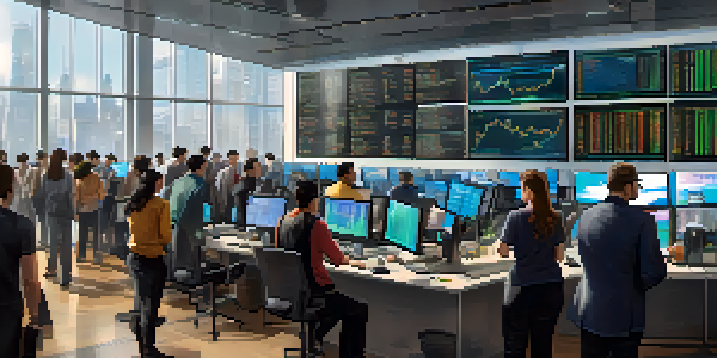 A diverse group of traders on a cryptocurrency trading floor, with screens showing charts and graphs.