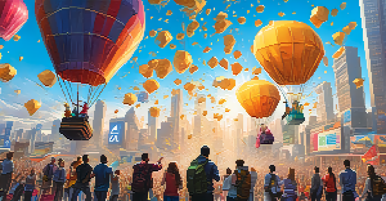A vibrant scene depicting a crypto airdrop with tokens falling from the sky onto excited users in a futuristic city.