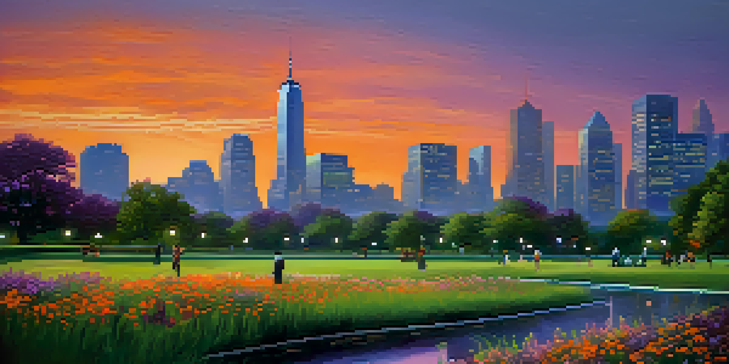A city skyline at dusk with colorful reflections, surrounded by a park where people are walking.
