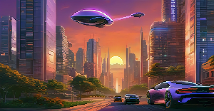 A vibrant sunset over a futuristic city skyline with flying cars and green buildings.