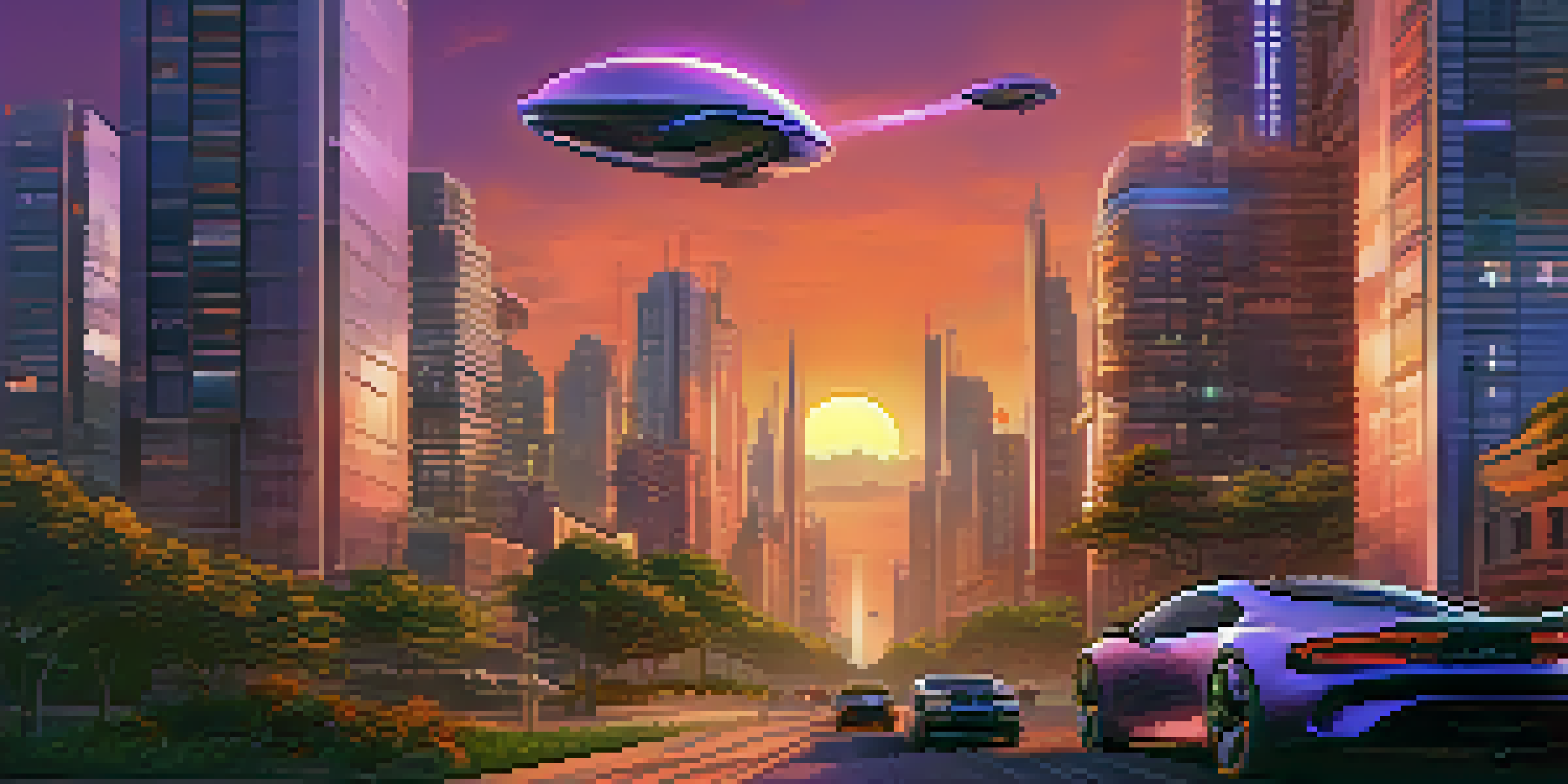 A vibrant sunset over a futuristic city skyline with flying cars and green buildings.