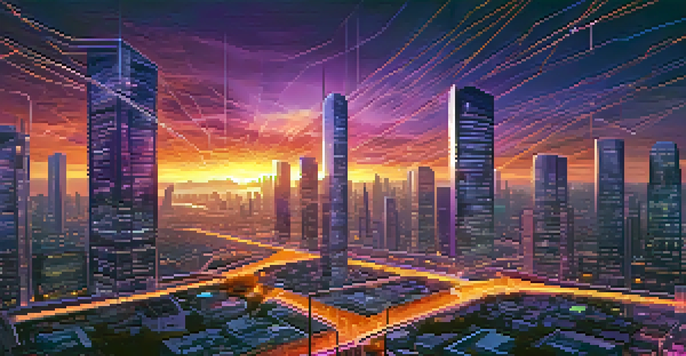 A futuristic city with glowing digital pathways linking skyscrapers, under a purple and orange dusk sky.