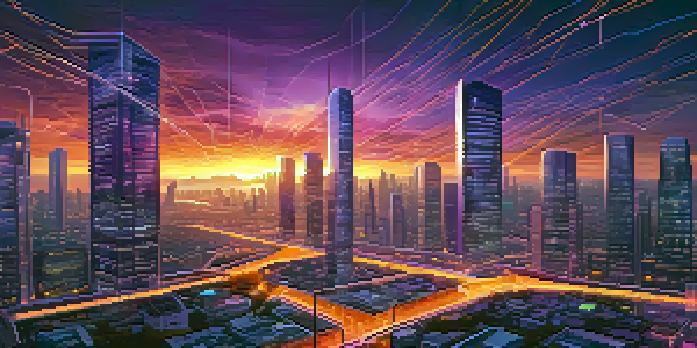 A futuristic city with glowing digital pathways linking skyscrapers, under a purple and orange dusk sky.
