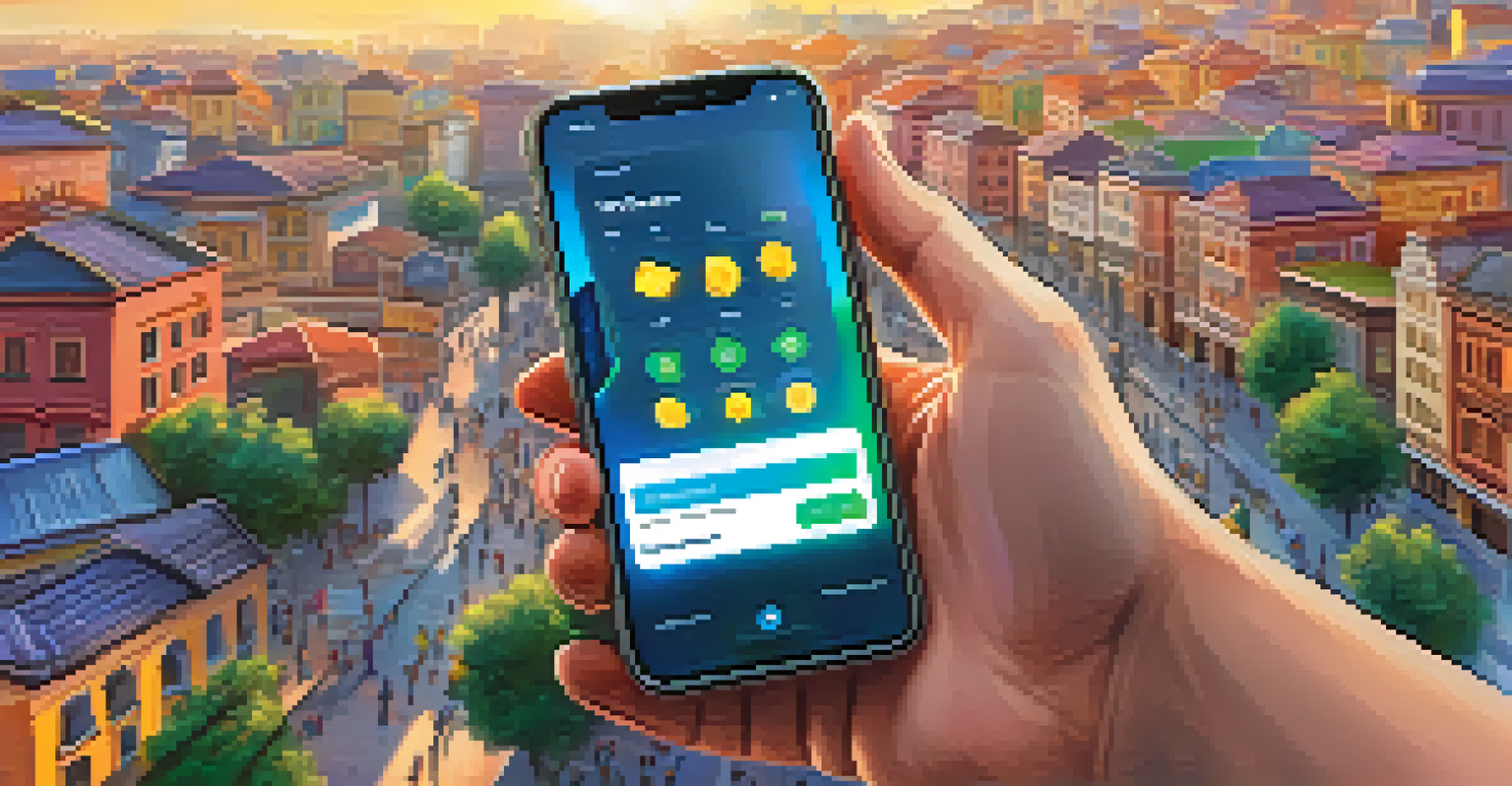 A close-up of a smartphone showing a cryptocurrency wallet app against a blurred urban background.