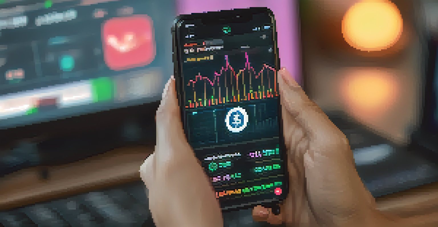 A woman using a smartphone to view a cryptocurrency trading app, with colorful graphs on the screen in a cozy home setting.