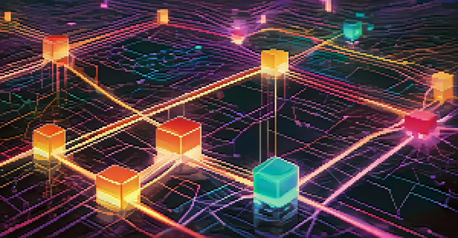 A vibrant digital landscape showcasing interconnected nodes representing a blockchain network with binary code in the background.