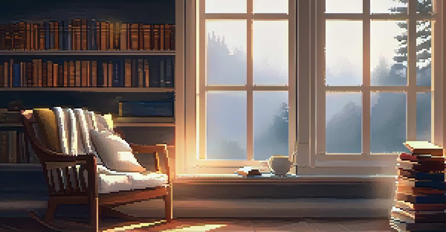 A comfortable reading nook with cushions and a blanket by a window, featuring a stack of books and a cup of tea in sunlight.