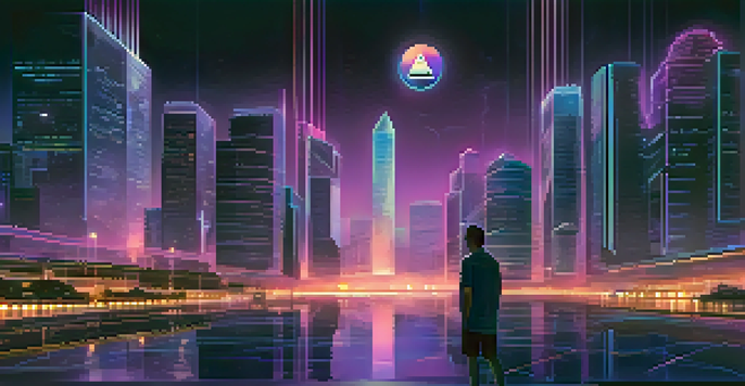 A digital landscape showcasing a futuristic city skyline with neon signs of privacy coins under a dusk sky.
