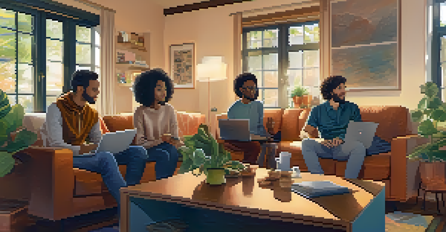 A diverse group of people discussing cryptocurrency in a cozy living room setting.