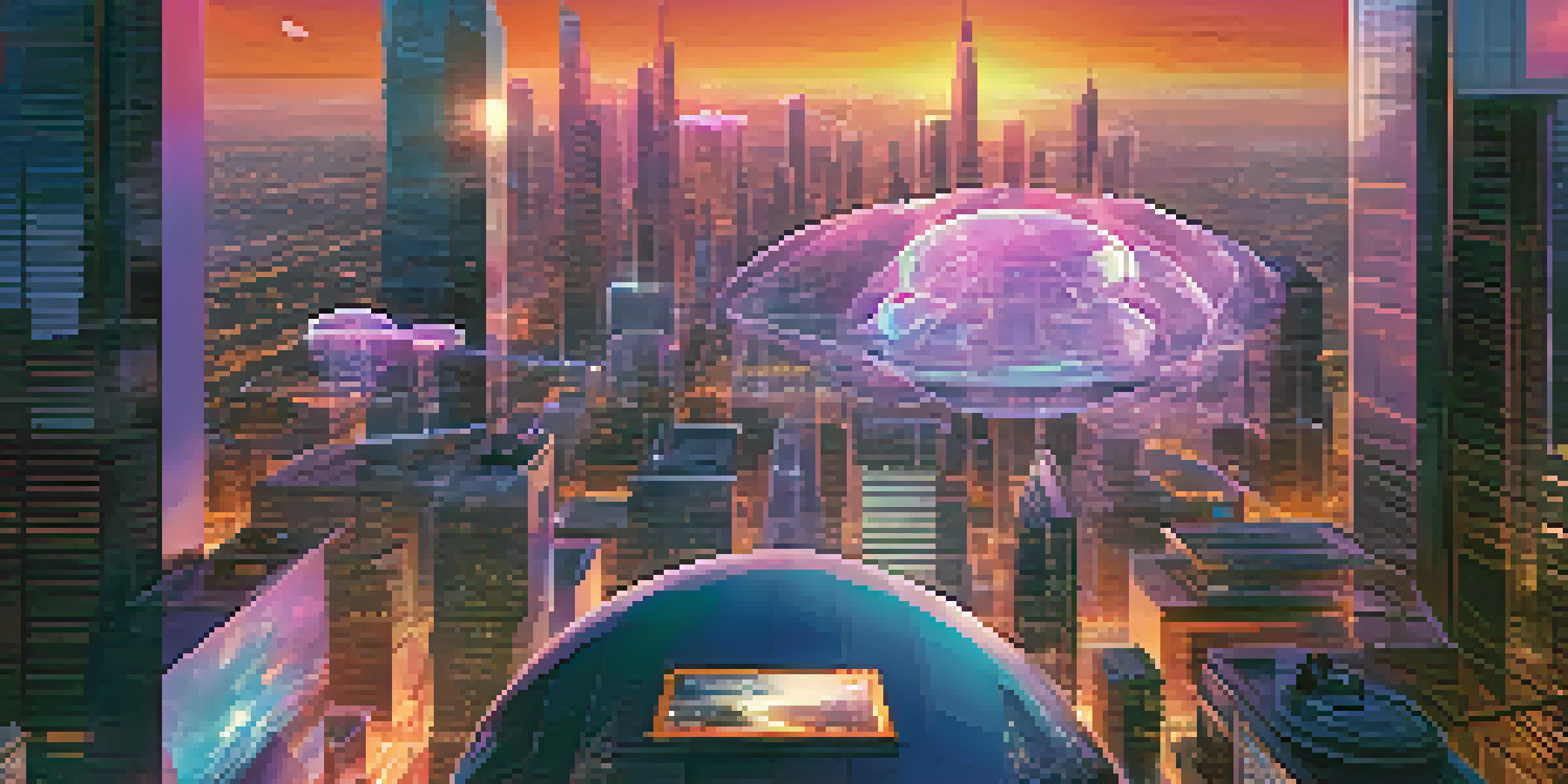 A vibrant futuristic city skyline with glass skyscrapers, colorful sunset sky, and a group of investors looking at holographic cryptocurrency data.