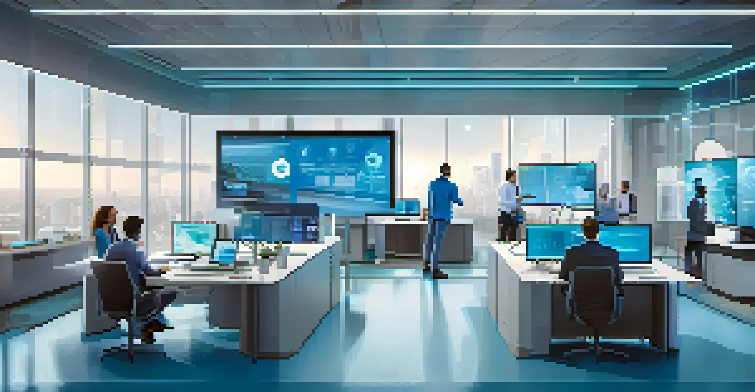 A modern office with diverse professionals collaborating on Decentralized Finance projects, surrounded by advanced technology and holographic displays.