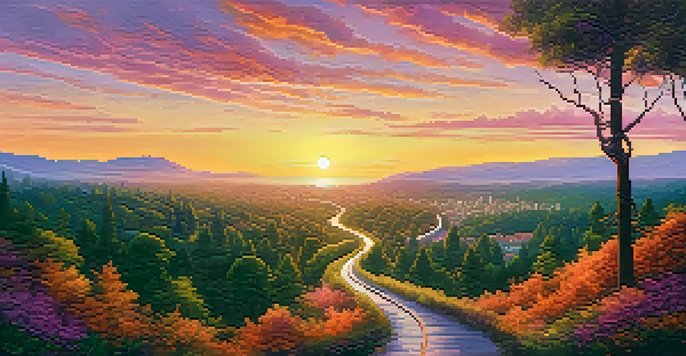A peaceful fork in the road with one path through a green forest and another leading to a colorful city skyline at sunset.