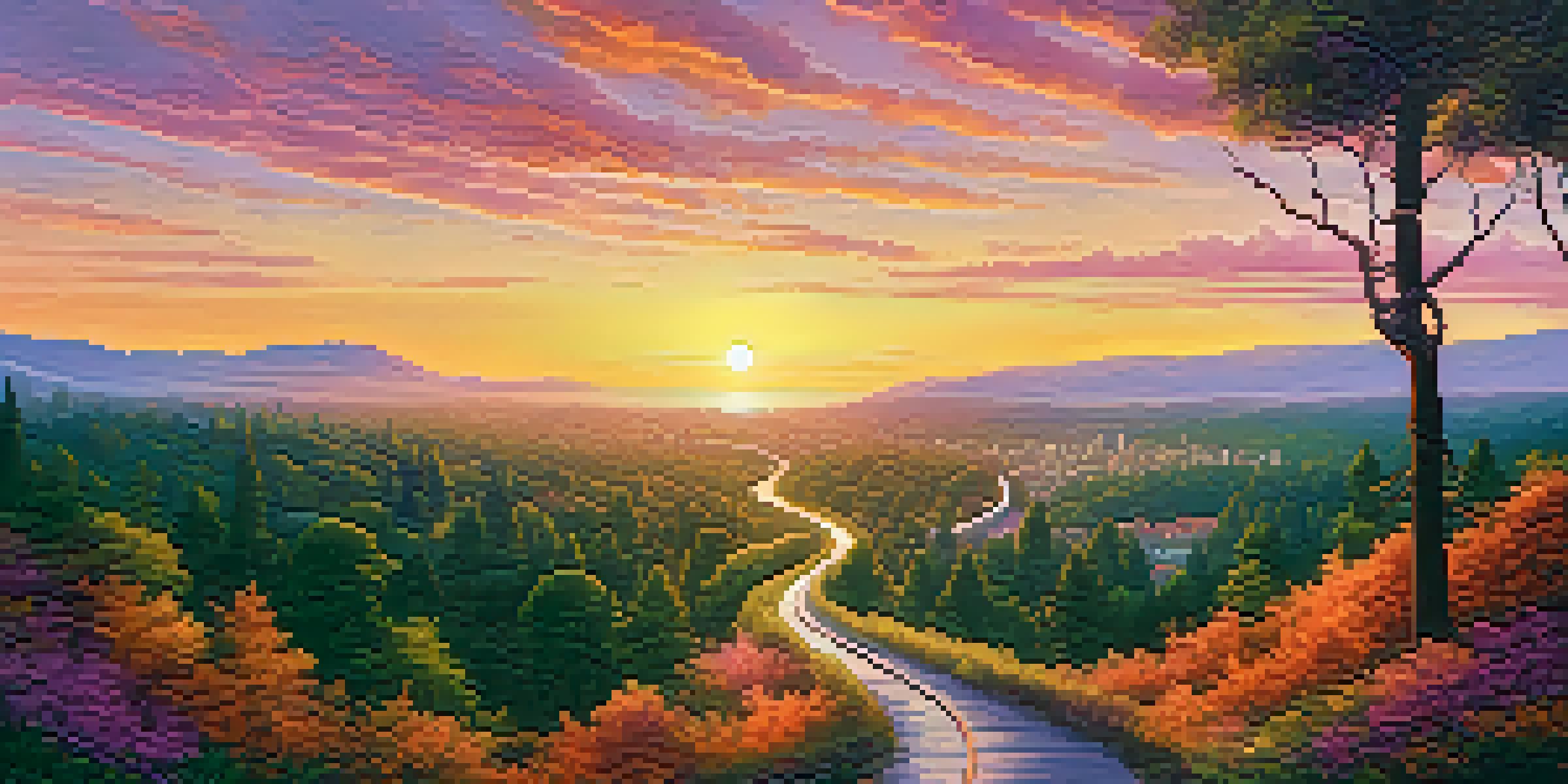 A peaceful fork in the road with one path through a green forest and another leading to a colorful city skyline at sunset.