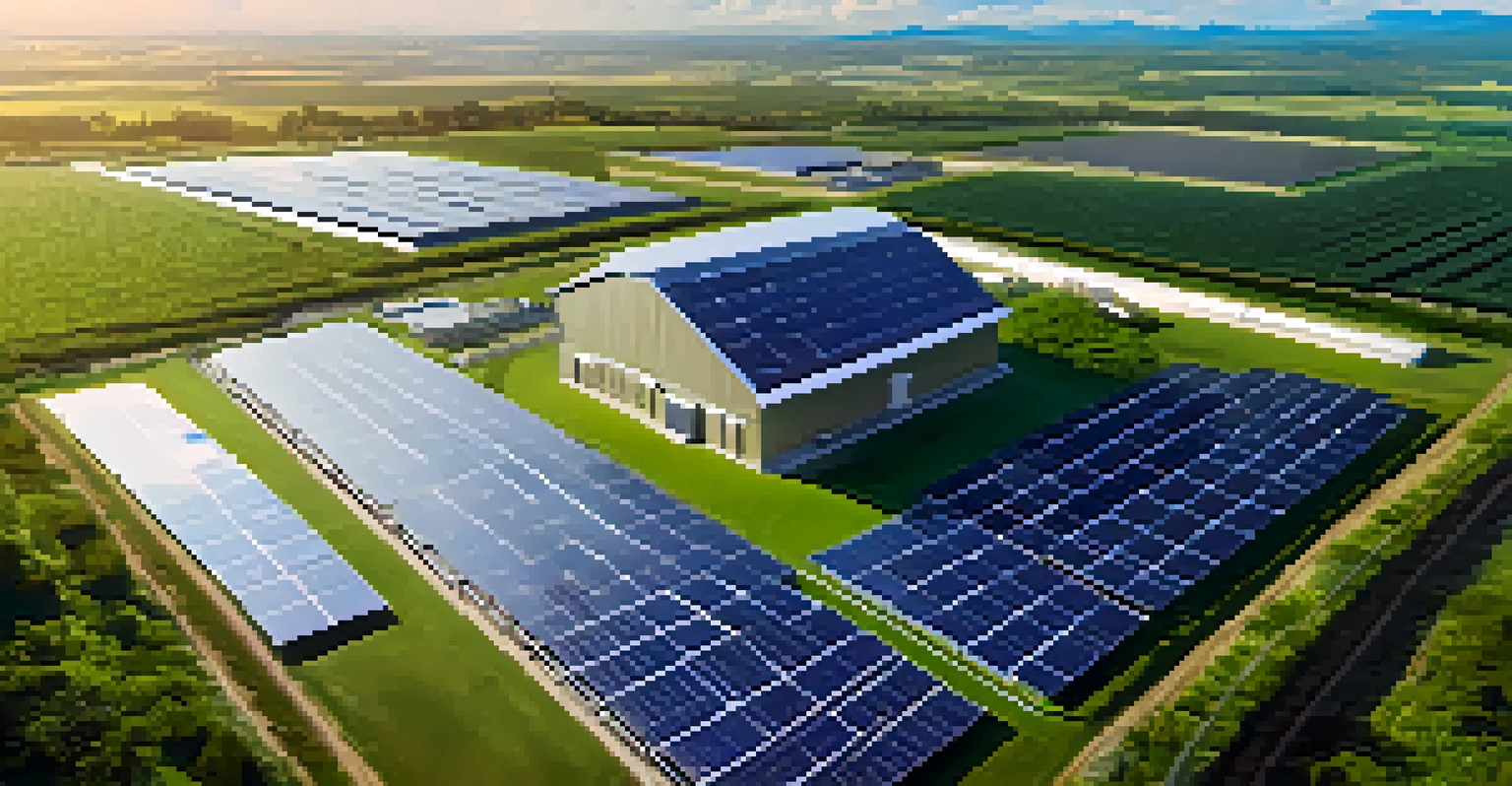 Aerial view of a solar-powered cryptocurrency mining facility in green fields under a clear blue sky.