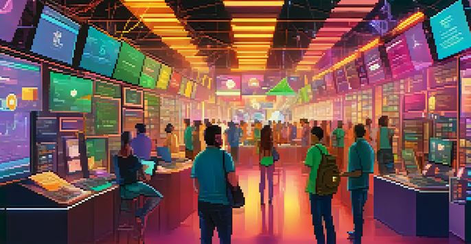 A colorful digital interface of a decentralized exchange with various cryptocurrency icons and users engaging with the platform.