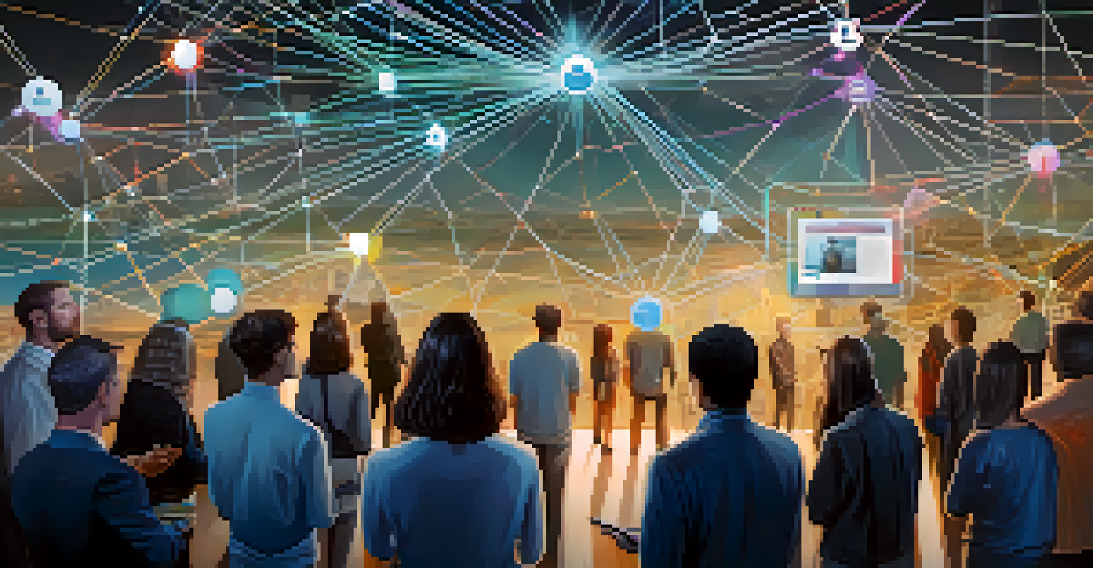 A user holding a smartphone with holographic personal information, set against a background of interconnected diverse individuals.