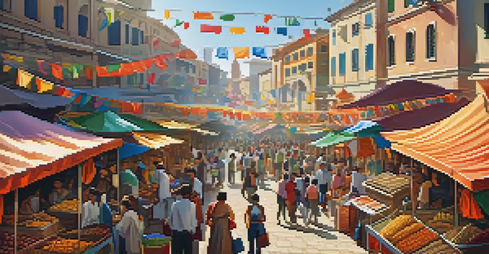 A bustling marketplace with diverse traders and flags from various countries, showcasing international trade.