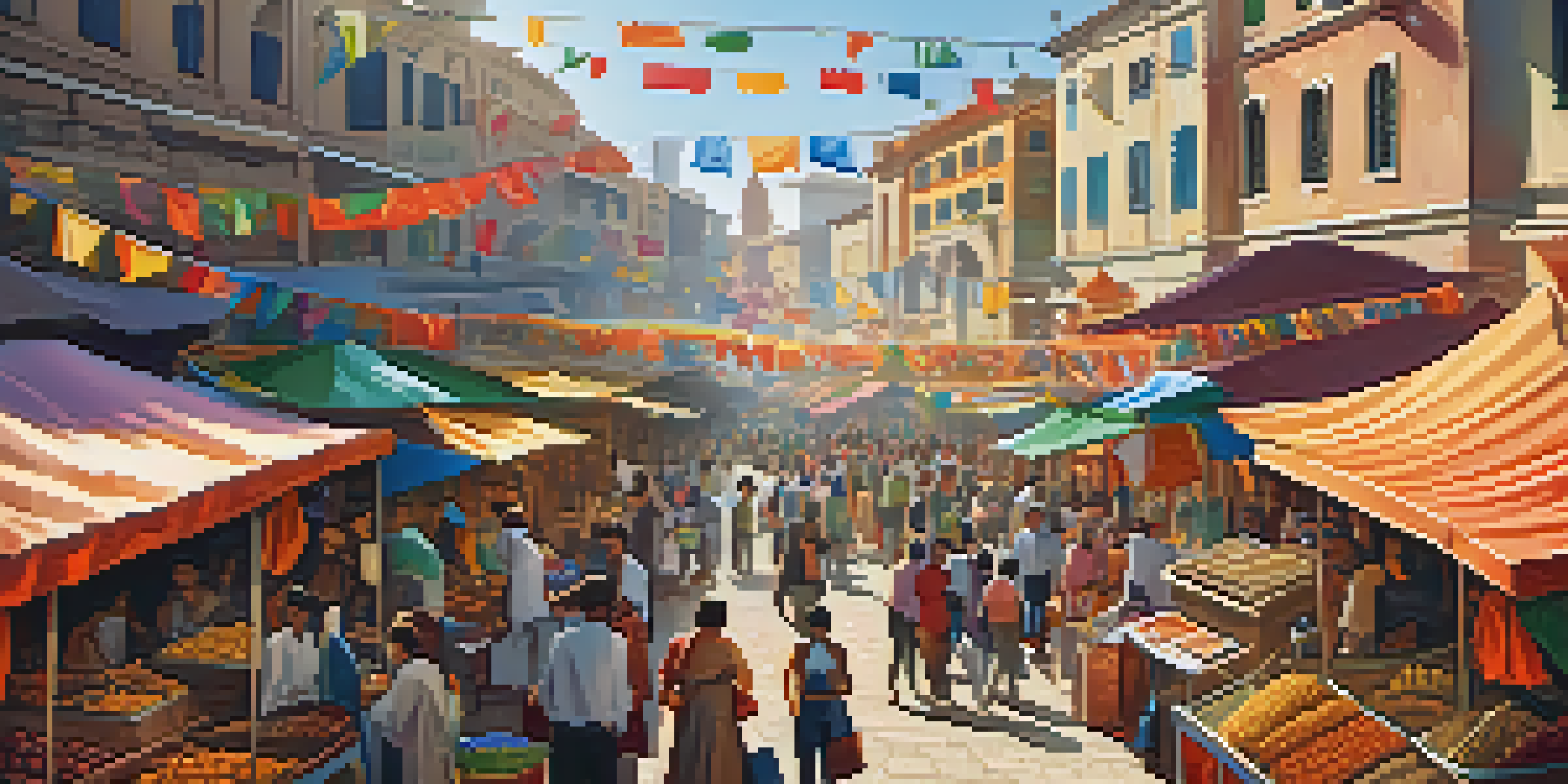 A bustling marketplace with diverse traders and flags from various countries, showcasing international trade.
