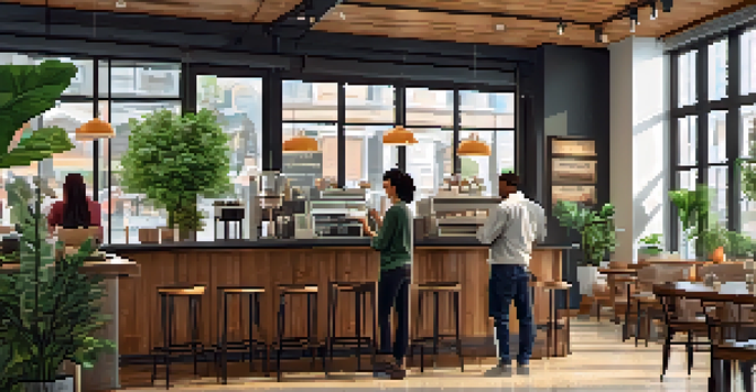 A welcoming coffee shop with a barista serving a customer. The customer is excitedly receiving a Bitcoin reward voucher. The interior features wooden furniture and plants.