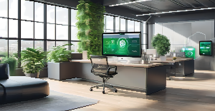 A modern real estate office with digital screens and sleek furniture, illuminated by natural light.