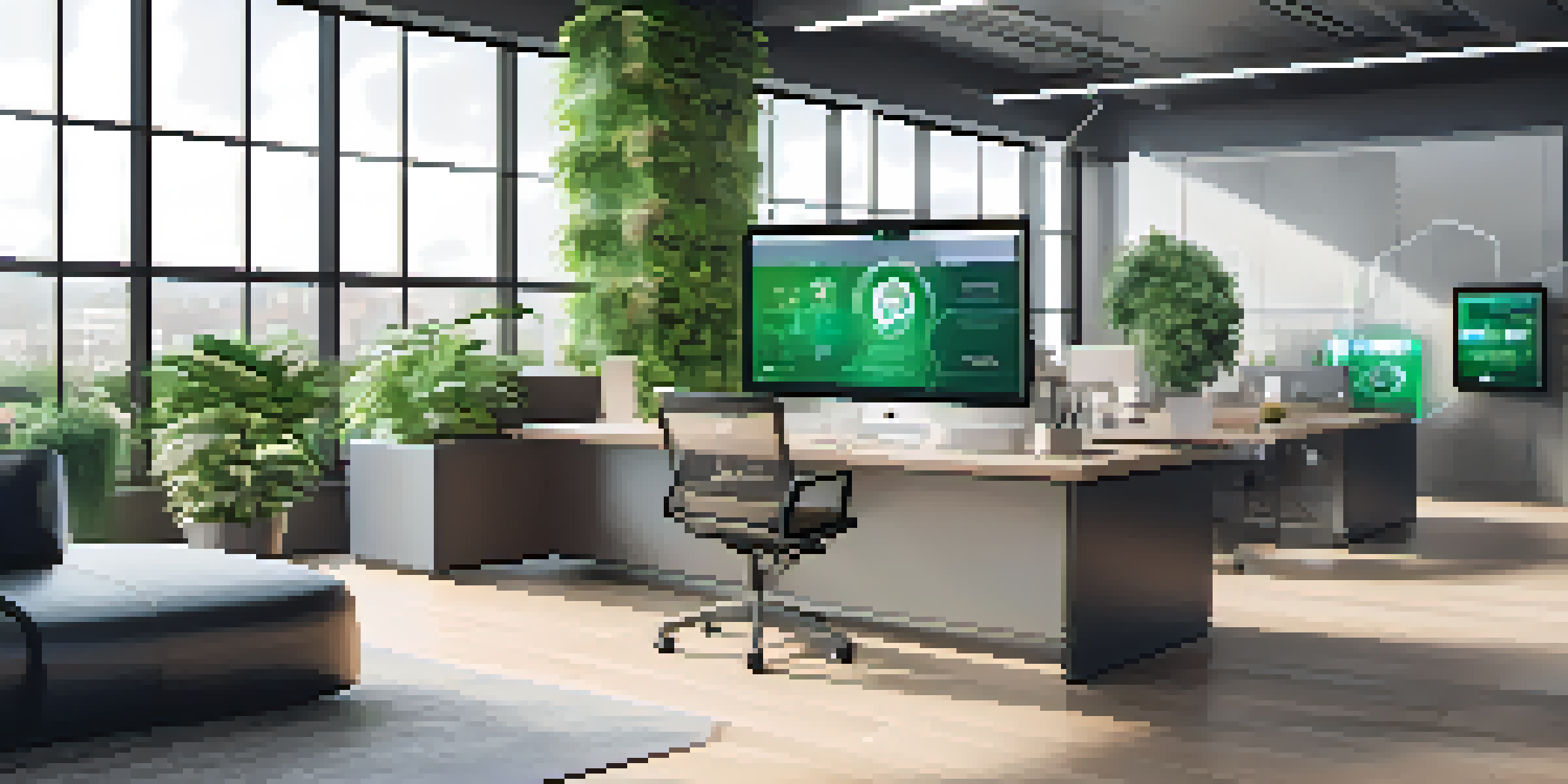 A modern real estate office with digital screens and sleek furniture, illuminated by natural light.