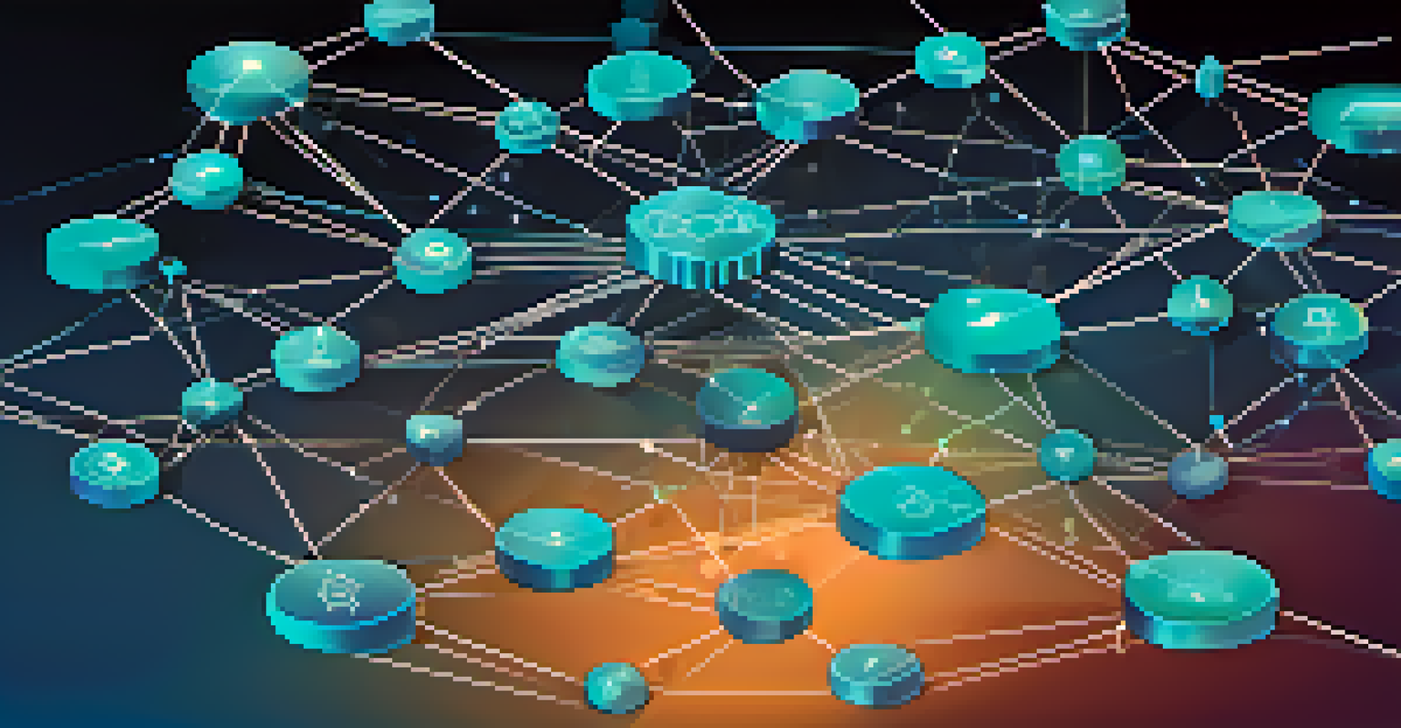 An abstract image of interconnected nodes representing blockchain governance in a gradient background.