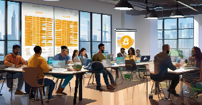A diverse group of employees in a bright workshop learning about cryptocurrencies with laptops and educational materials around them.
