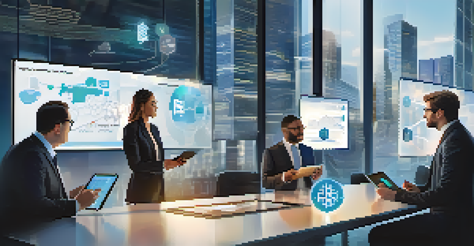 Business professionals in a modern office discussing supply chain transparency using a digital tablet showing a blockchain interface.